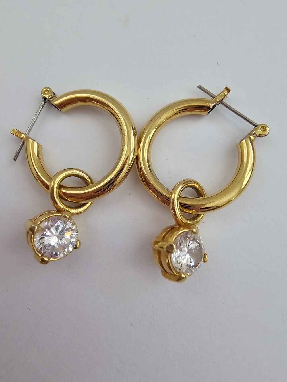 Gold Tone Chunky Hoop Earrings with Detachable Round CZ Solitaire Dangle Charm